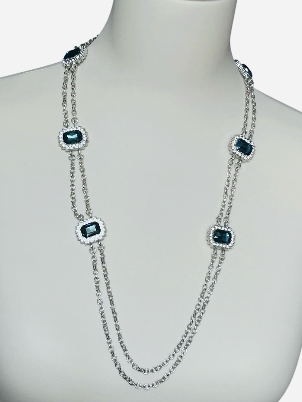 Long Necklace Lab Created Sapphire Blue Rhinestones matching earrings attached